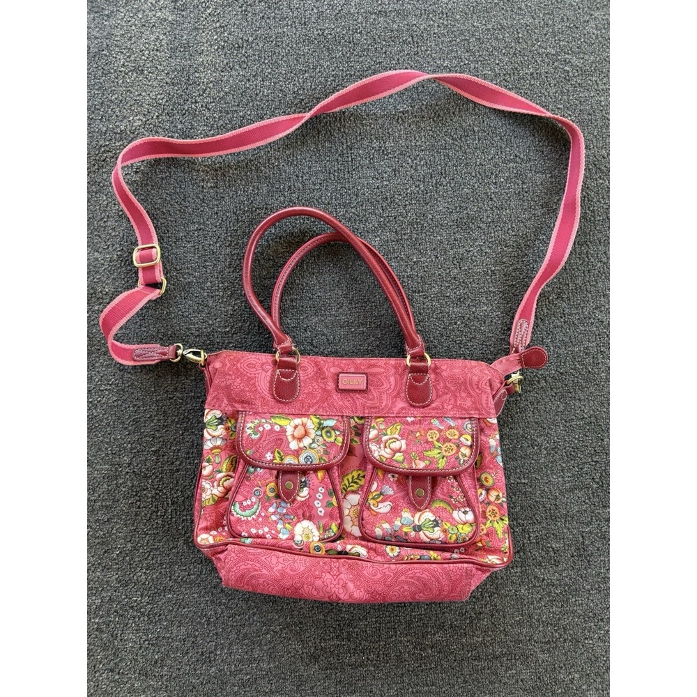 Oilily Pink Floral Paisley Satchel Crossbodyโ Bag Purse Gold Hardware Handles